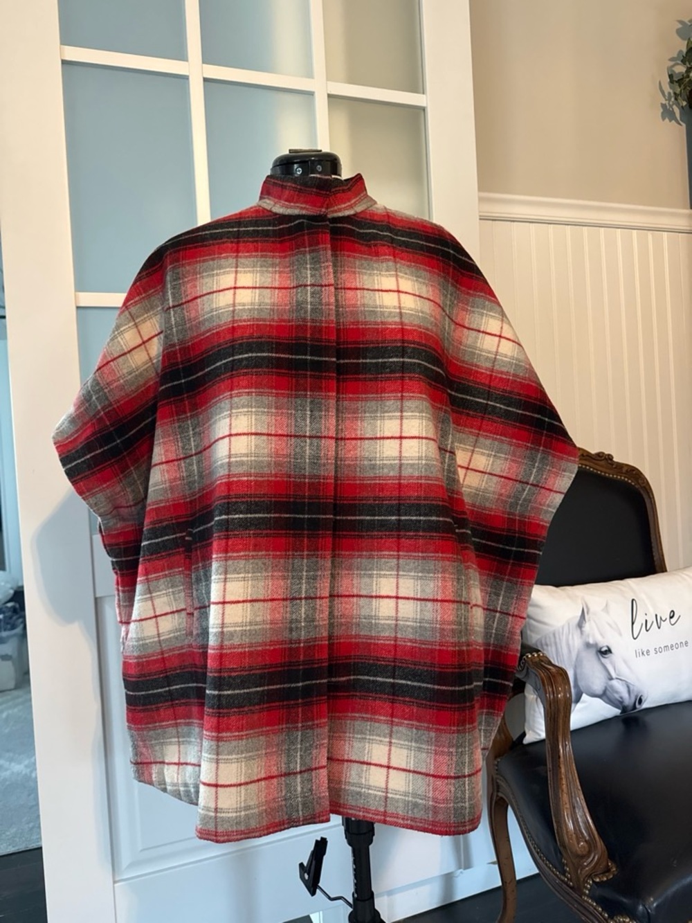 Eddie Bauer Red and Black Plaid Cape Coat, Wool blend.